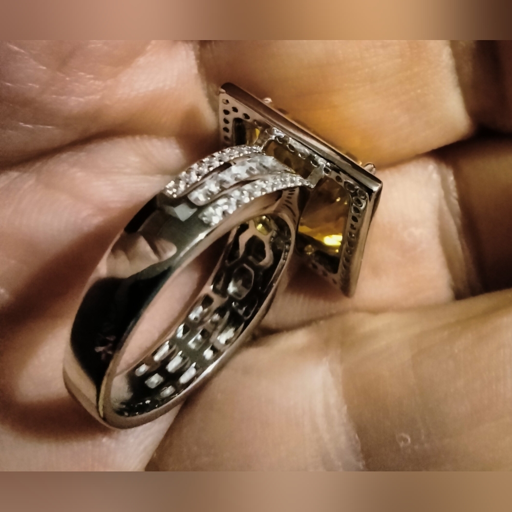 Lustro Stella Bright Yellow & White CZ Halo Ring Platinum Over Sterling Silver - Picture 3 of 4